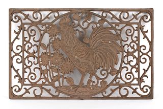 Cast iron door mat with a rooster and c-scroll dec