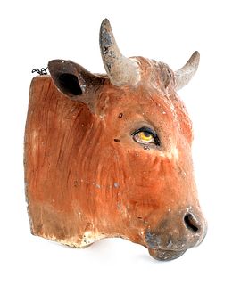 Painted zinc bull's head plaque, late 19th c., 16/
