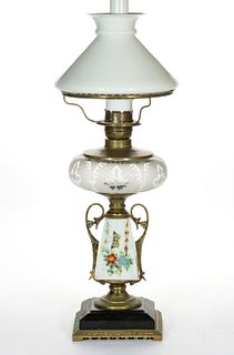 VICTORIAN DECORATED KEROSENE COMPOSITE STAND LAMP