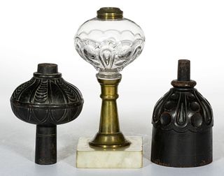 ASSORTED PATTERN KEROSENE LAMPS AND WOODEN PATTERNS, LOT OF THREE