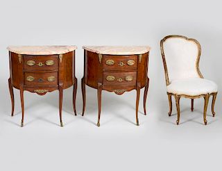 PAIR OF FRENCH PETITE COMMODES AND A SLIPPER CHAIR