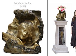 A Fine Art Nouveau French Louchet Ciseleur Gilt Bronze Figural Vase/Jardiniere