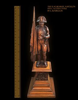 The Flag-Bearer, Napoleon, 19th C. Wooden Statue On Base, L. Bourgeois Signed