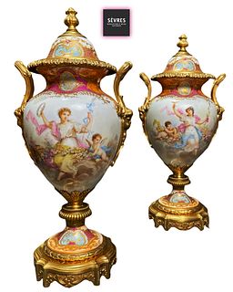 A Pair Of 19th C. Sevres Hand Painted Porcelain Bronze Vases, Signed