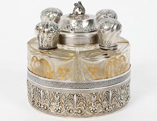 SILVER PLATE AND GLASS PERUME BOTTLE SET