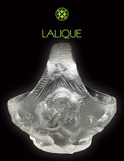 A Rare Vintage RENE LALIQUE Frosted Crystal Candy Basket/Centerpiece, Signed