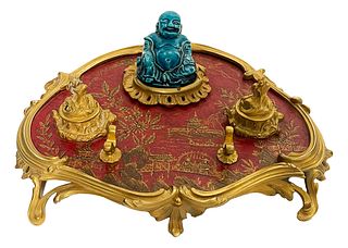 19th C. Millet Signed Chinoiserie Gilt Bronze & Lacquer Inkwell