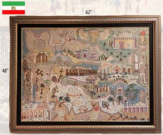 Iran, Tabriz Hand Knotted Silk Large Persian Rug 'Map Of Iran'
