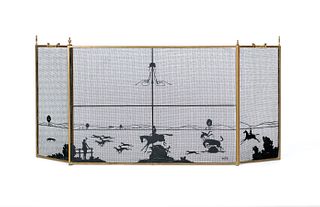 Brass and wire firescreen with fox hunt scene, ini