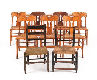 Set of five bird's-eye maple cane seat chairs, mid