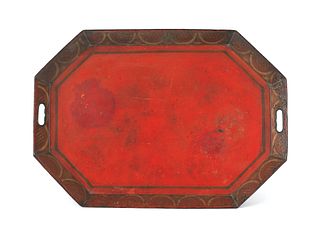 Large red tole tray, 19th c., 21 1/4" x 30".