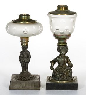ASSORTED FIGURAL STEM KEROSENE STAND LAMPS, LOT OF TWO