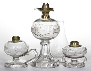 ATTERBURY'S MAGUIRE / RIBBED BELT KEROSENE LAMPS, LOT OF THREE