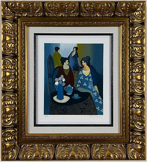 Itzchak Tarkay - Tea in Grey and Brown - Framed Serigraph in color on Wove Paper