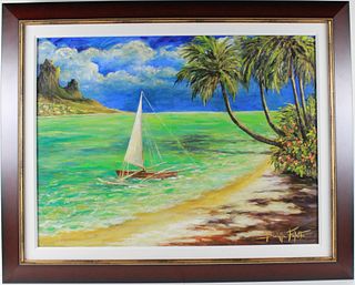 Daniella Foletto - Boat in Moorea - Framed Original Painting on Canvas