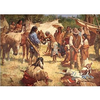 Howard Terpning - THE HORSE DOCTOR AND HIS MEDICINE BAG AT RENDEZVOUZ - Museum Edition on Canvas