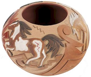 Grace Medicine Flower b. 1938 | Incised Pot with Three Horses