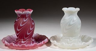 FENTON SWIRLED FEATHER FAIRY / HURRICANE LAMPS, LOT OF TWO