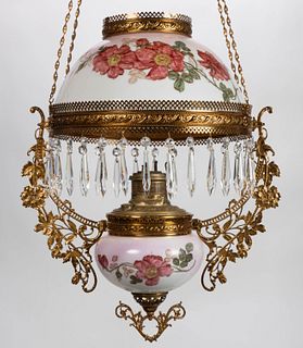 EDWARD MILLER DECORATED OPAL KEROSENE HANGING / LIBRARY LAMP