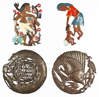 Group of 4 Haitian Hammered Steel Oil Drum Cutouts