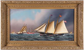 Jerome Howes Oil on Board "Five Sailing Vessels with the Nantucket Lightship"