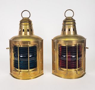 Pair of Antique Perkins Brass Port and Starboard Ship Light Lanterns