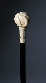 Whaleman Made Antique Whale Ivory Hand Grasping a Ball Walking Stick, 19th Century