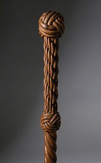 Whaleman Carved Wood Rope Walking Stick, 19th Century
