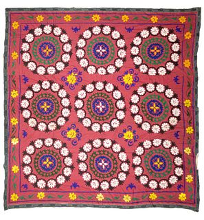 NO RESERVE -   Vintage Uzbek Suzani Textile Rug 7’4” x 7’7” (2.24 x 2.31 M)