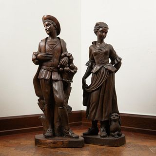 19th c. French Carved Wood Figures, Pair