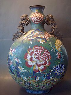 ANTIQUE Large Chinese Cloisonne Moon Flask Vase, 20 1/2" H. Qianlong Period.