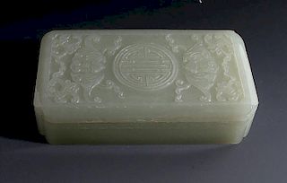 ANTIQUE Large Chinese White Jade Box with carvings, 19th Century. 4 1/4" x 2 1/2" x 1" H