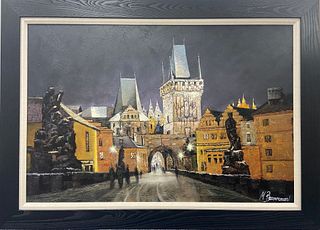 Mark Braver's "Gateway to Prague (St. Charles Bridge)" is a framed, original oil painted