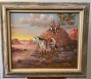Robert Yellowhair Sr. - "Navajo Look Out" - Framed, Original Oil Painting on Board