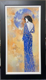 Marina Raiskin's "Untitled artwork (Elegant Woman in Blue)" is a framed, Limited Edition Giclee on Canvas