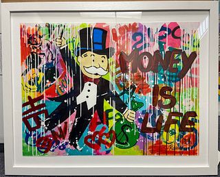 Nastya Rovenskaya - "Money is Life" - Framed One-of-a-Kind Mixed Media featuring Mr. Monopoly and his bag of Money