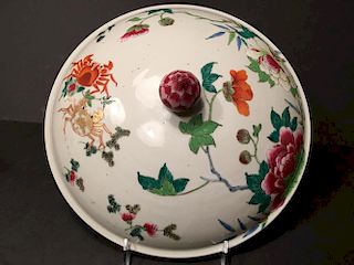 ANTIQUE Chinese Rose Bowl Cover with Crabs and flowers, 11 1/4" diameter. 18th Century