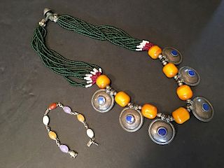 ANTIQUE Chinese Mila Silver necklace and Feicui Jade bracelet, late 19th Century, 16" long, 7 1/2" long