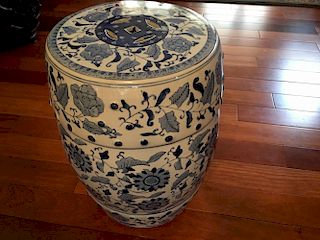 A Fine Chinese Blue and White Garden Seat with Flowers, 20th Century. 18" high