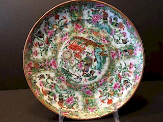ANTIQUE Chinese Famille Rose Plate with deer, birds and flowers, 19th Century. 8 1/2" diameter