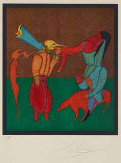 Mihail Chemiakin (b. 1943), "Acrobats," Lithograph in colors on paper, Image: 20" H x 17.5" W; Sight: 25.5" H x 18.5" W
