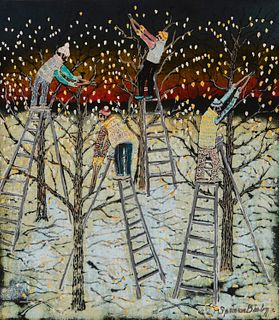 Spencer Bisby (1908-1989), Men on ladders cutting trees, Enamel on copper, 17" H x 15" W