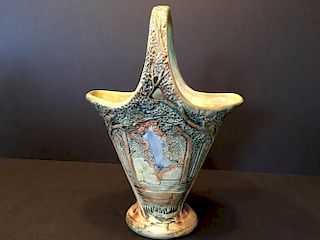 Vintage Weller Forest Basket Vase, 10" high, 6 1/2"  wide on top