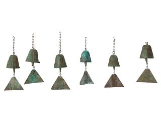 Paolo Soleri (1919-2013), Six small Cosanti wind bells, mid/late 20th century; Paradise Valley, AZ, Bronze and copper, Largest: 8" H x 2.625" Dia.; sm