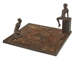 Max DeMoss (b. 1947), Two figures, 1983, Patinated bronze, 10.25" H x 15.75" W x 15.25" D