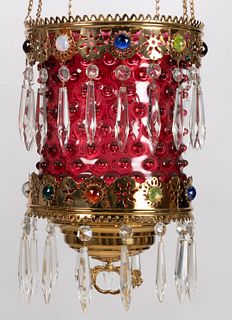VICTORIAN HOBNAIL AND JEWELED KEROSENE HALL LAMP