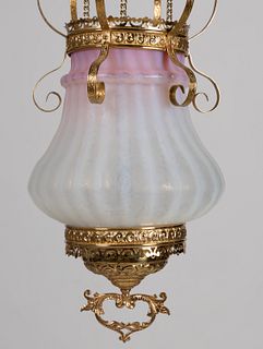 VICTORIAN ACID-ETCHED GLASS KEROSENE HANGING HALL LAMP