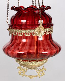 VICTORIAN PANEL-OPTIC GLASS AND BRASS KEROSENE HANGING HALL LAMP