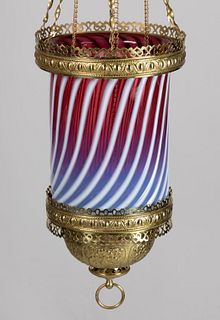 VICTORIAN SWIRL OPALESCENT GLASS AND BRASS KEROSENE HANGING HALL LAMP