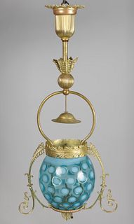 VICTORIAN COINSPOT OPALESCENT GLASS AND METAL GAS HANGING HALL LAMP